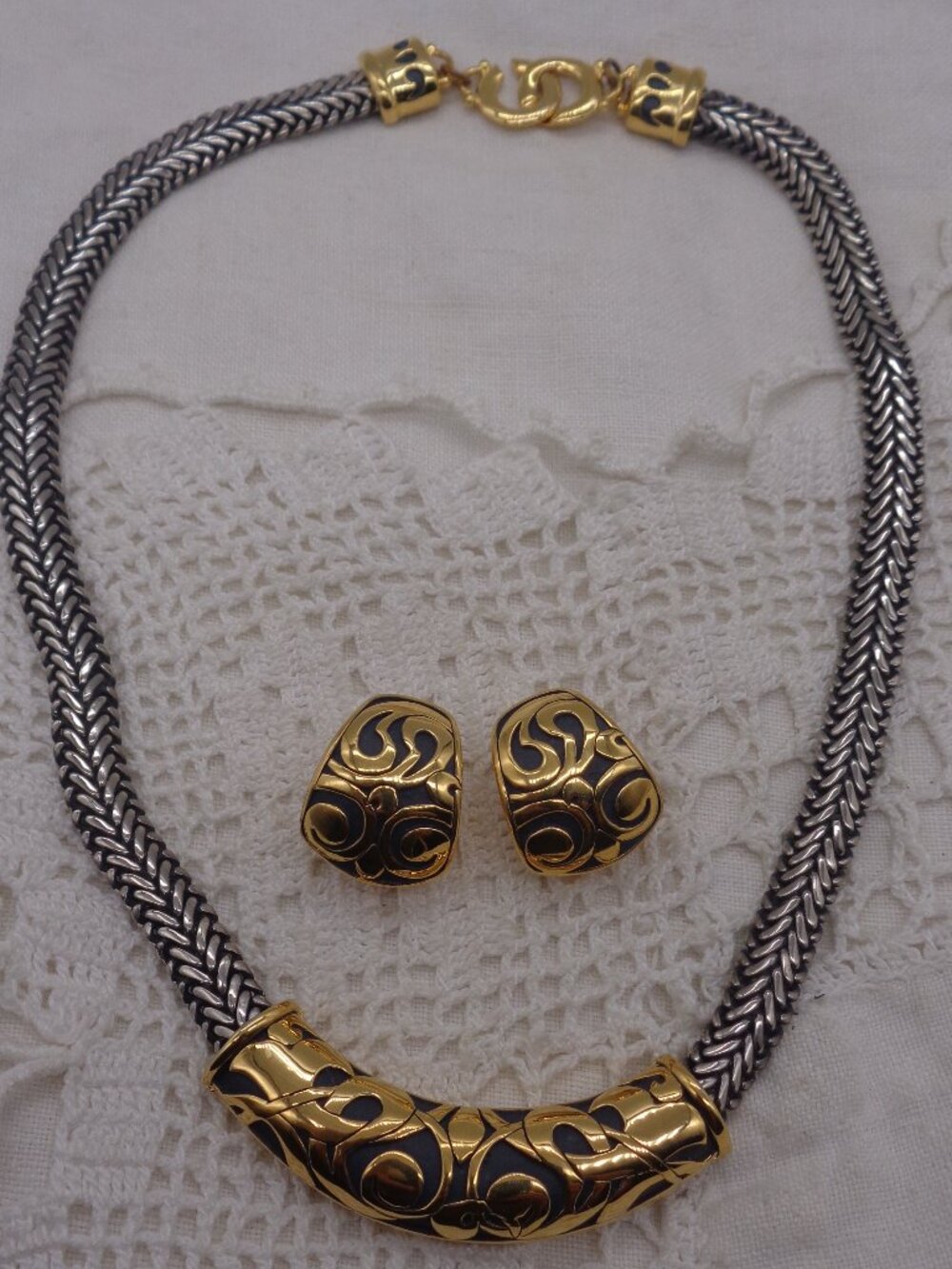 Vintage PAQUETTE Silver & Gold Tone Slide Necklace & Earrings Set